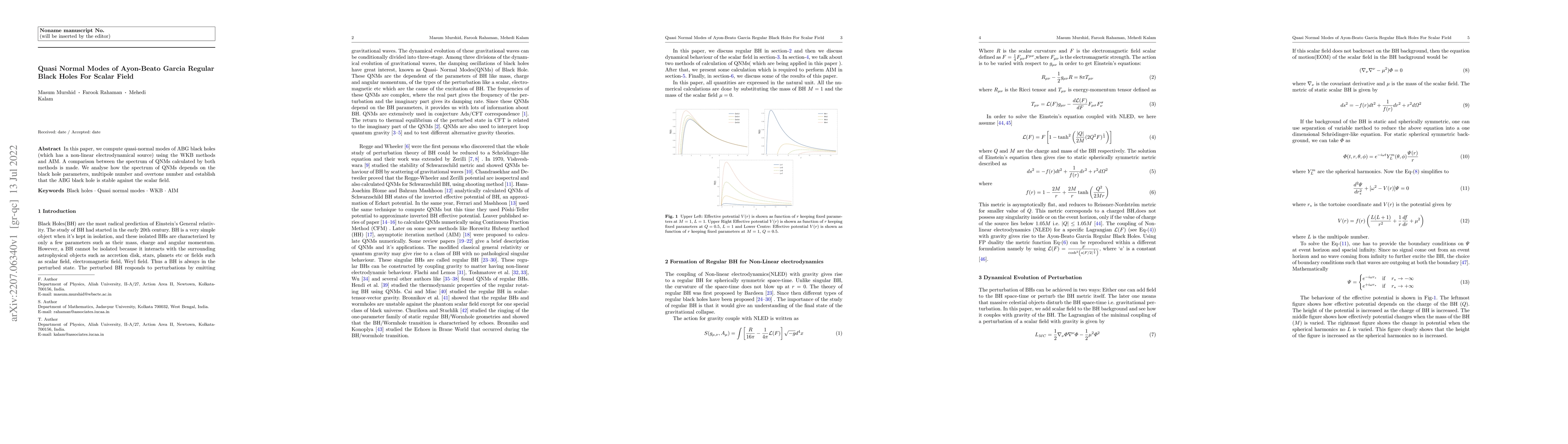 Thumbnail for Quasi Normal Modes of Ayon-Beato Garcia Regular Black Holes For Scalar
  Field