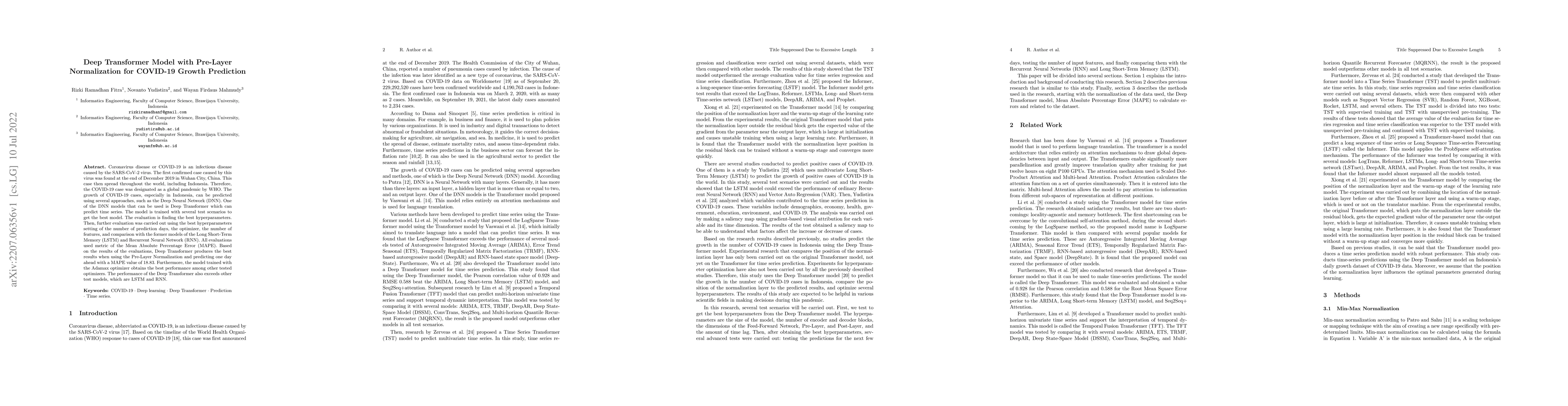 Thumbnail for Deep Transformer Model with Pre-Layer Normalization for COVID-19 Growth
  Prediction