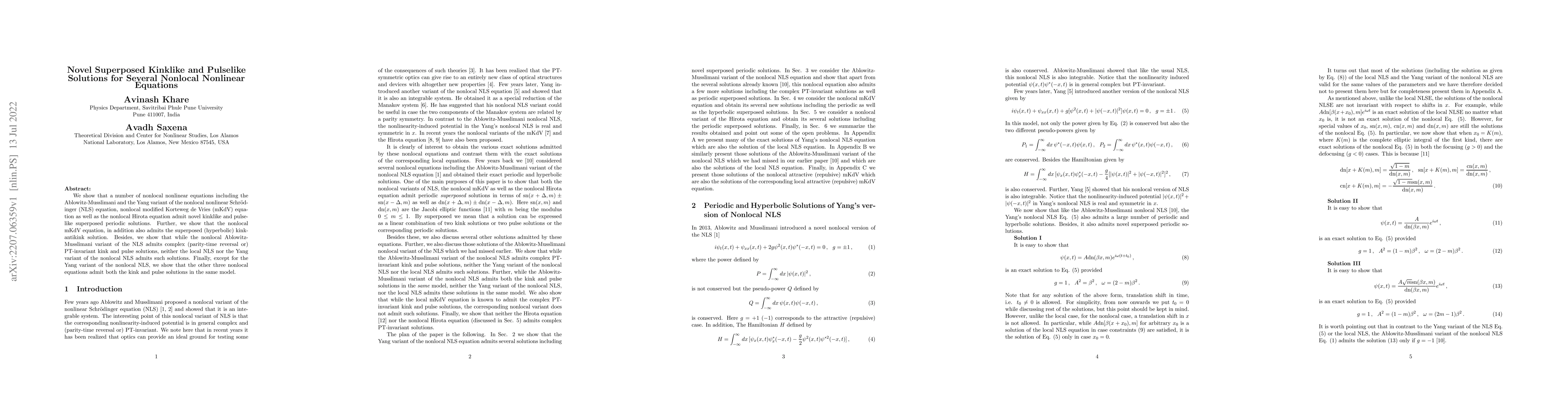 Thumbnail for Novel Superposed Kinklike and Pulselike Solutions for Several Nonlocal
  Nonlinear Equations