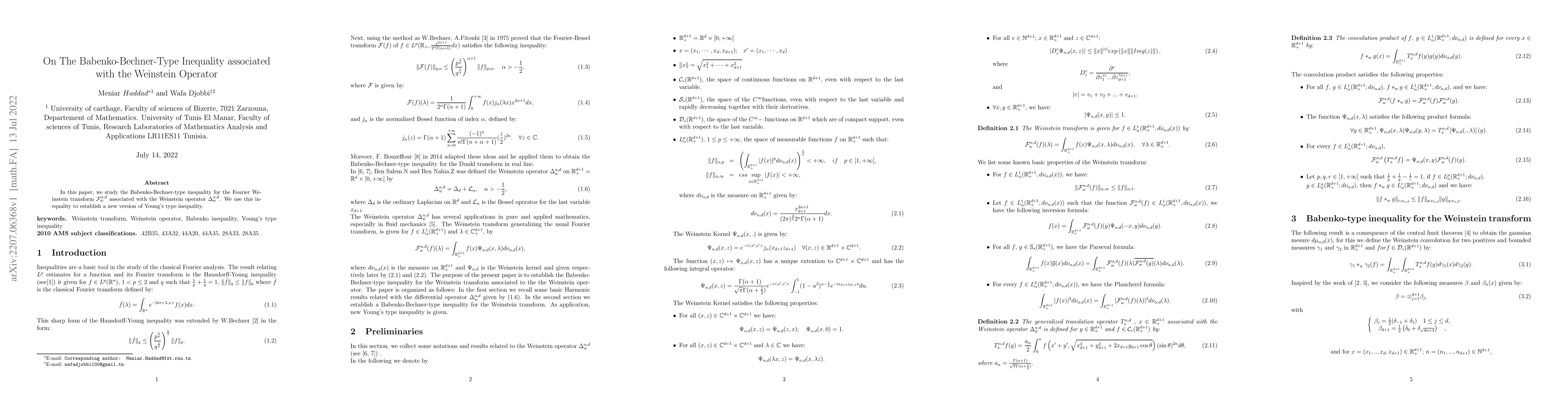 Thumbnail for On The Babenko-Bechner-Type Inequality associated with the Weinstein
  Operator