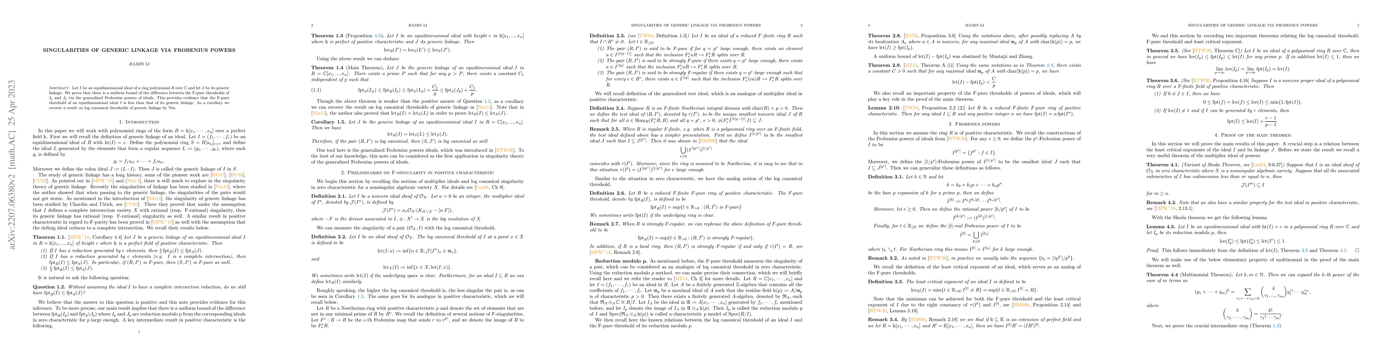 Thumbnail for Singularities of generic linkage via Frobenius powers