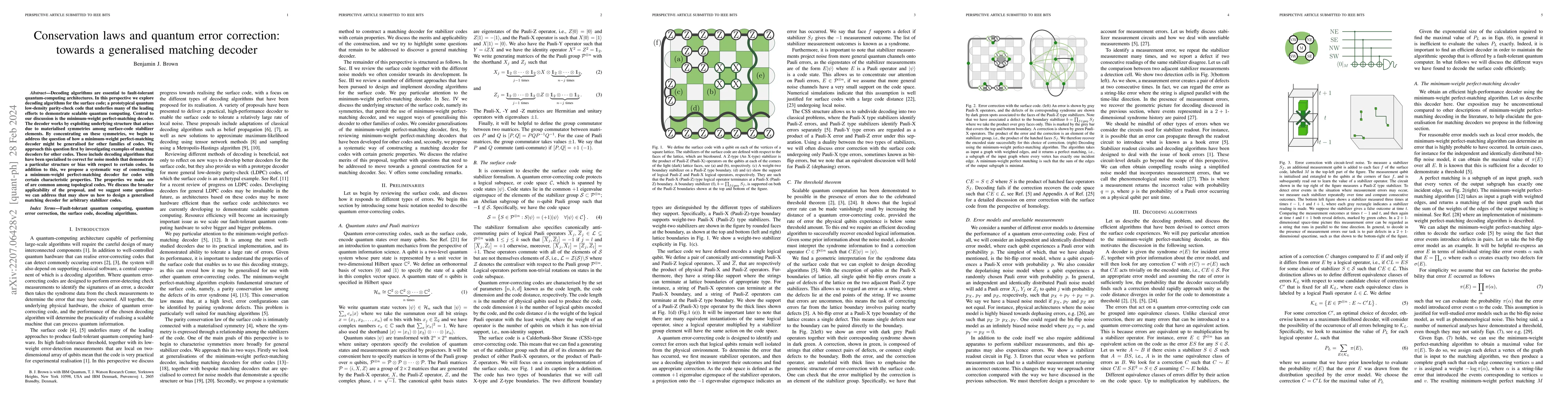 Thumbnail for Conservation laws and quantum error correction: towards a generalised
  matching decoder