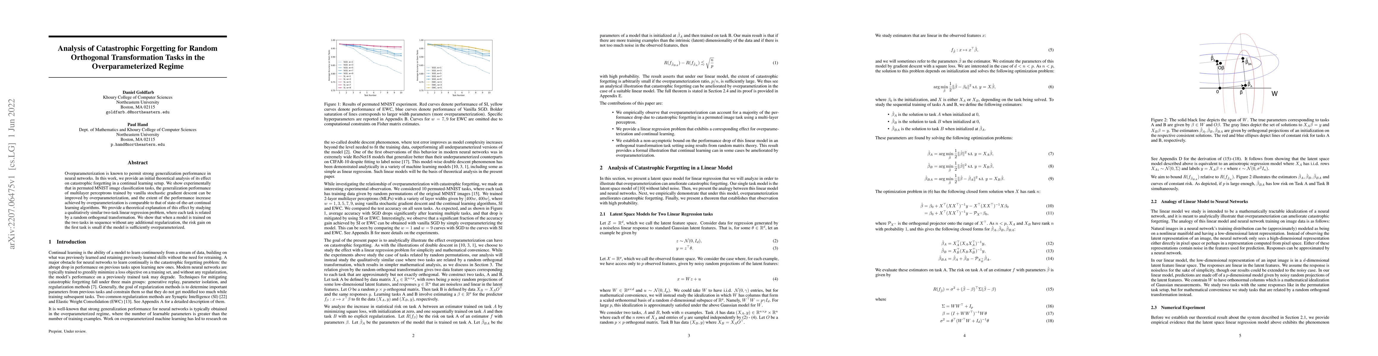 Thumbnail for Analysis of Catastrophic Forgetting for Random Orthogonal Transformation
  Tasks in the Overparameterized Regime