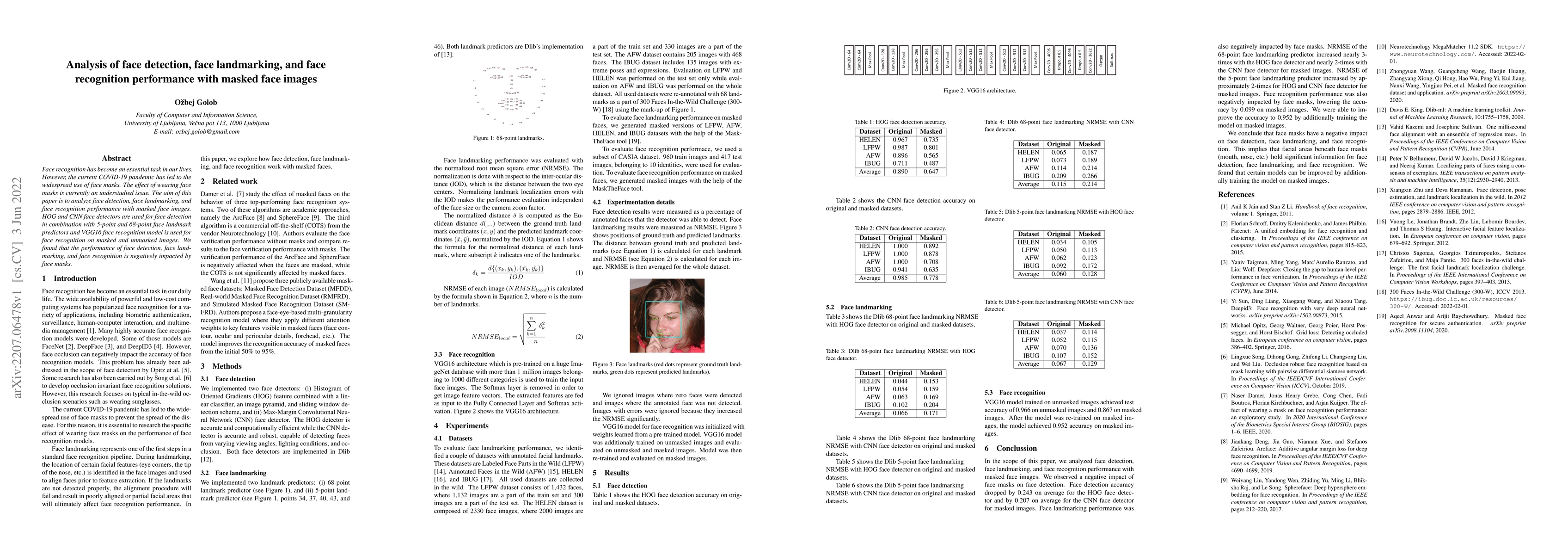 Thumbnail for Analysis of face detection, face landmarking, and face recognition
  performance with masked face images