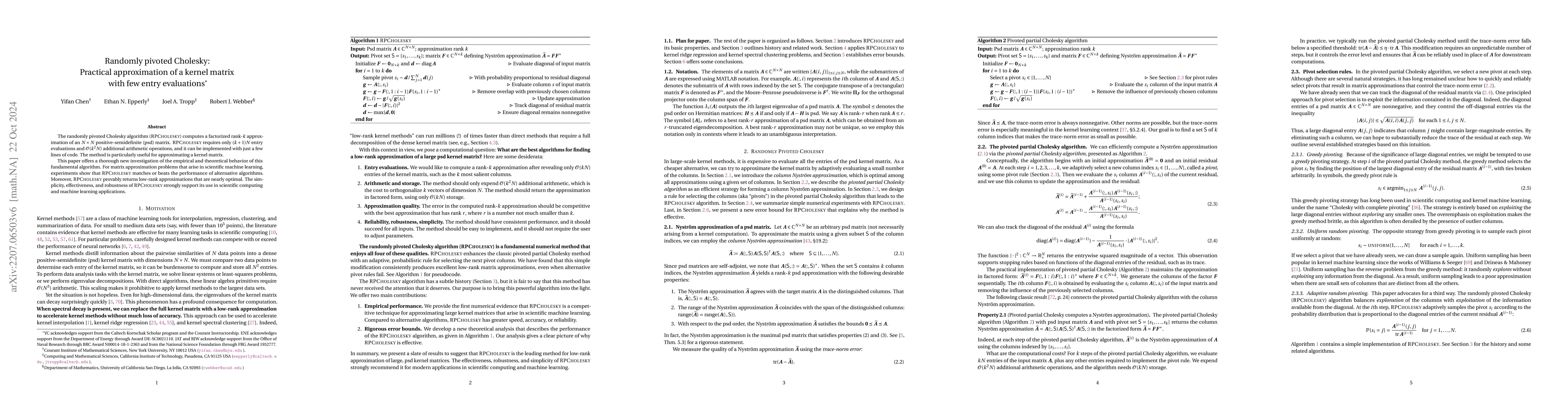 Thumbnail for Randomly pivoted Cholesky: Practical approximation of a kernel matrix
  with few entry evaluations