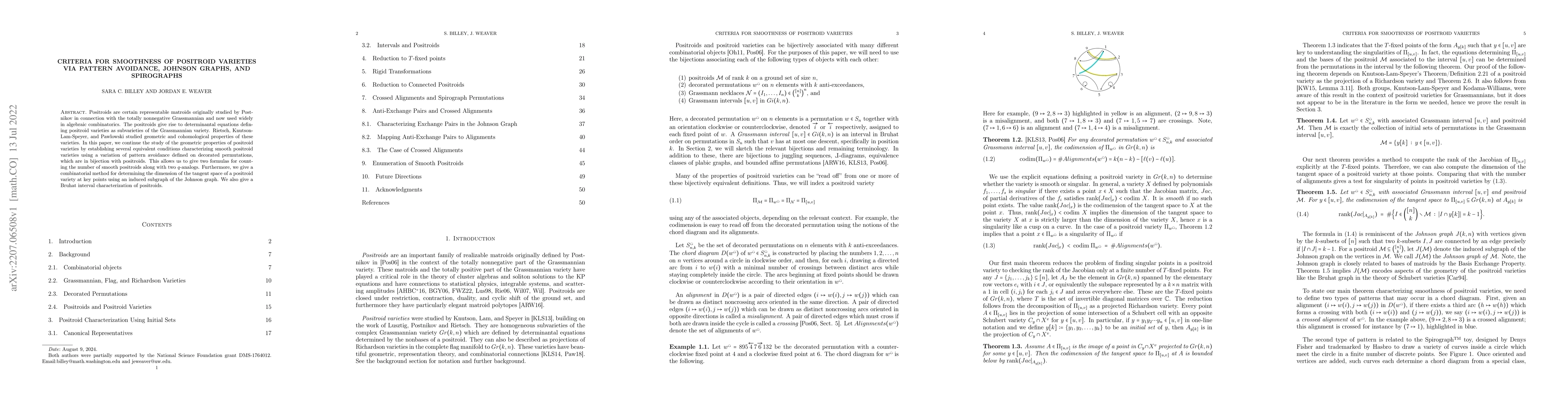 Thumbnail for Criteria for smoothness of Positroid varieties via pattern avoidance,
  Johnson graphs, and spirographs