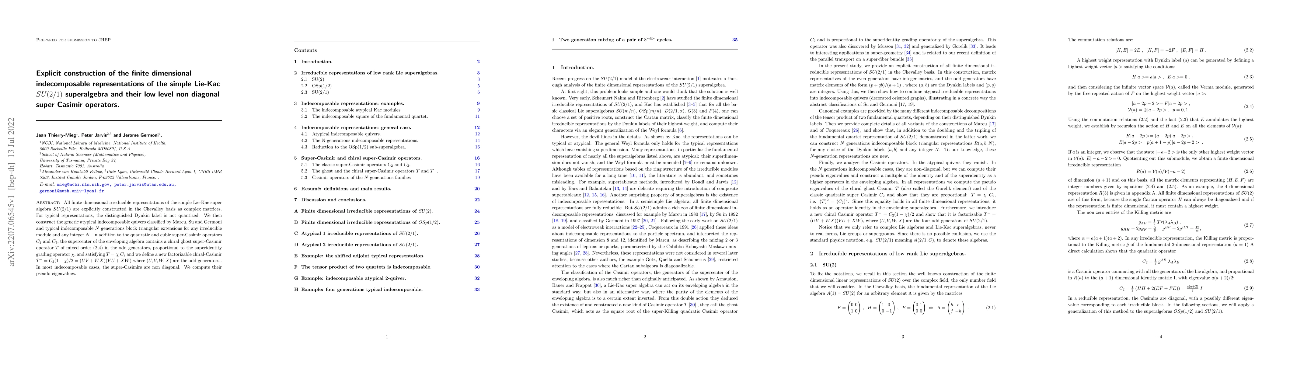 Thumbnail for Explicit construction of the finite dimensional indecomposable
  representations of the simple Lie-Kac $SU(2/1)$ superalgebra and their low
  level non diagonal super Casimir operators