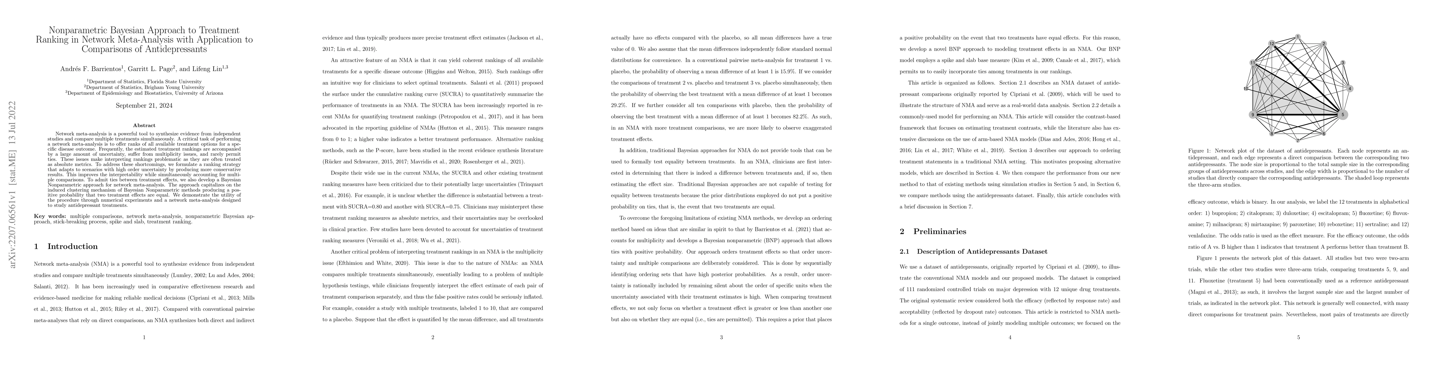 Thumbnail for Nonparametric Bayesian Approach to Treatment Ranking in Network
  Meta-Analysis with Application to Comparisons of Antidepressants