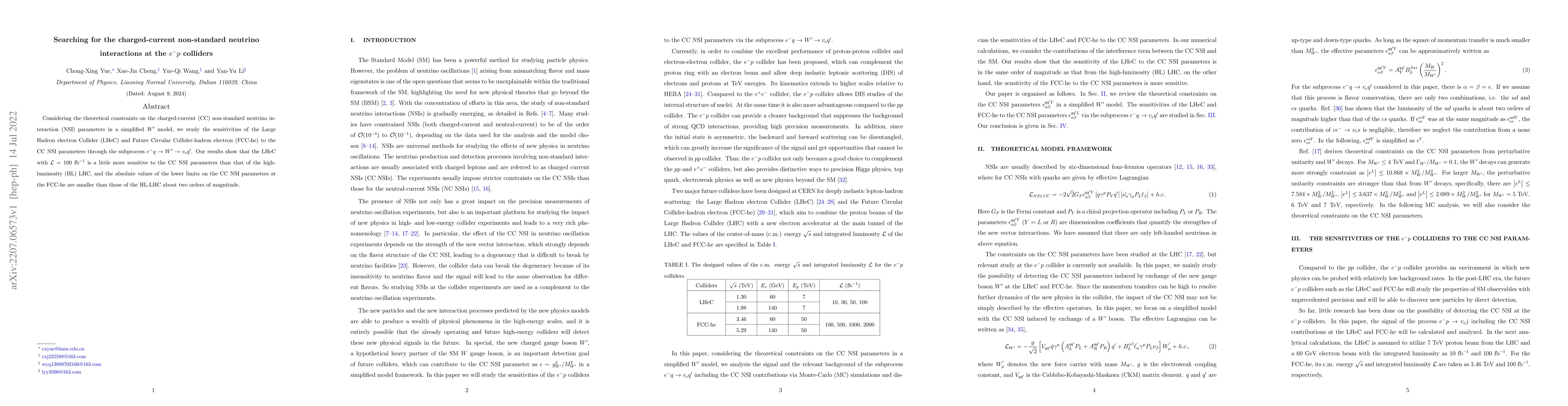 Thumbnail for Searching for the charged-current non-standard neutrino interactions at
  the $e^{-}p$ colliders