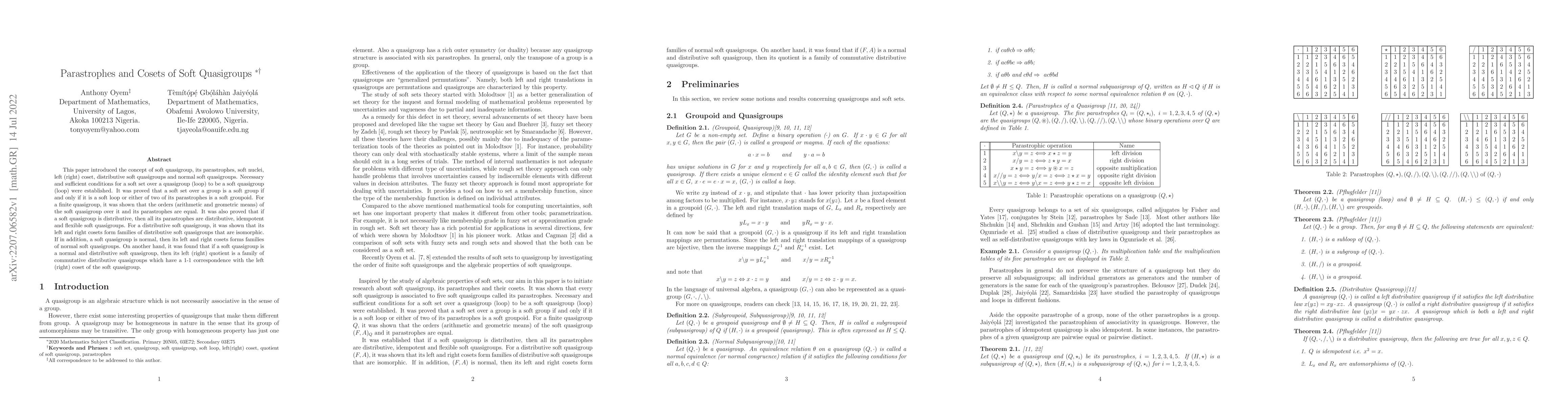 Thumbnail for Parastrophes and Cosets of Soft Quasigroups