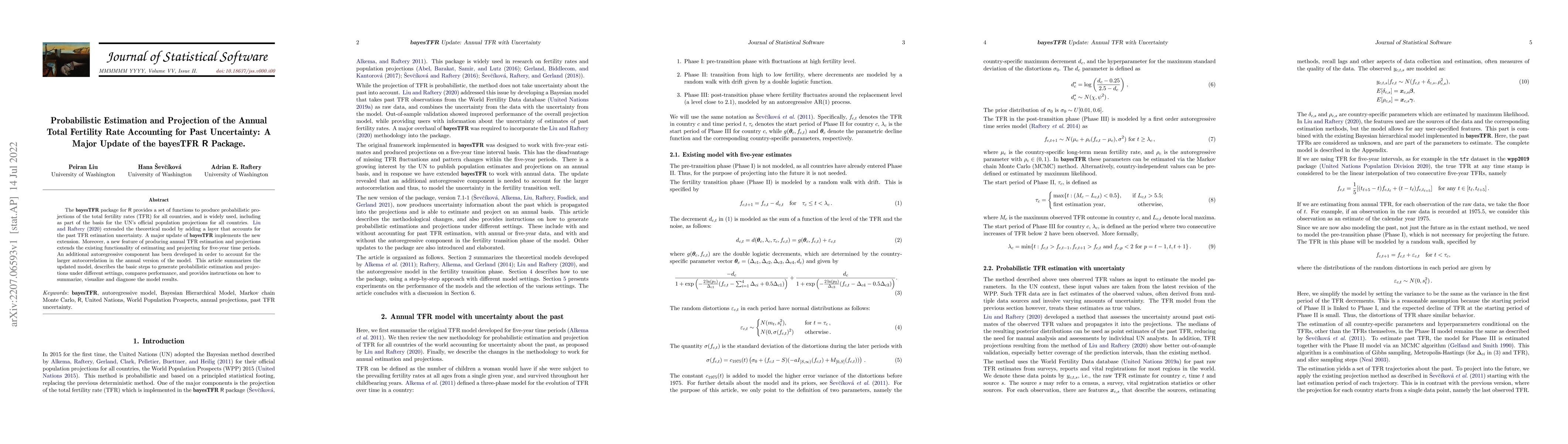 Thumbnail for Probabilistic Estimation and Projection of the Annual Total Fertility
  Rate Accounting for Past Uncertainty: A Major Update of the bayesTFR R
  Package