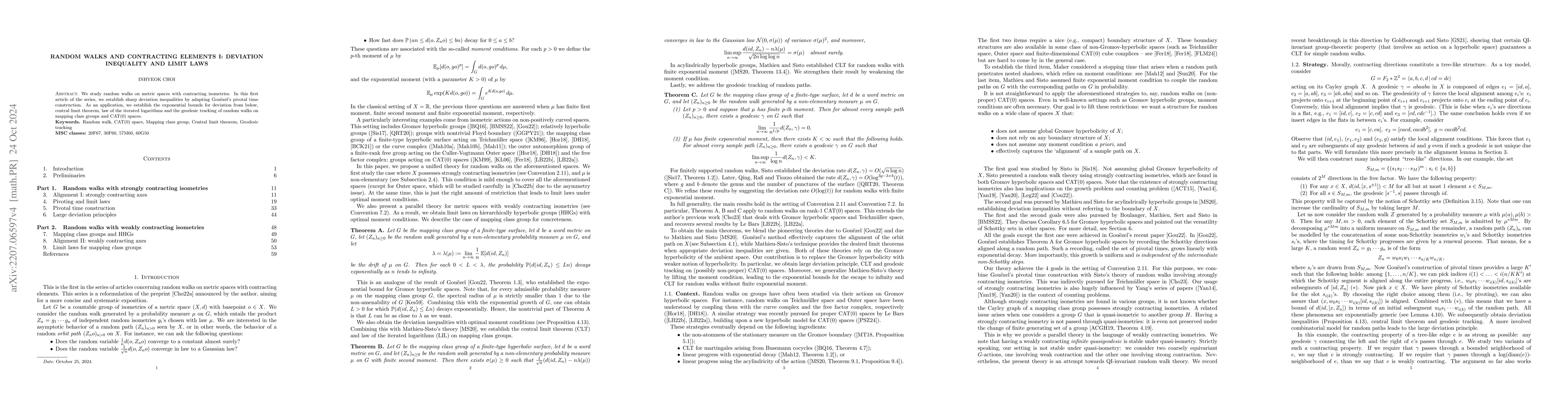 Thumbnail for Random walks and contracting elements I: Deviation inequality and Limit
  laws