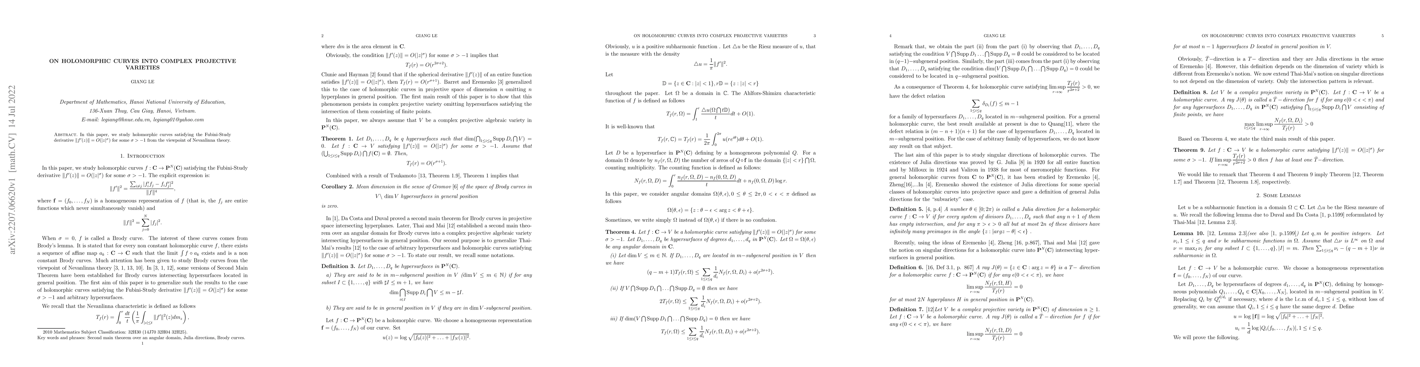 Thumbnail for On holomorphic curves into complex projective varieties