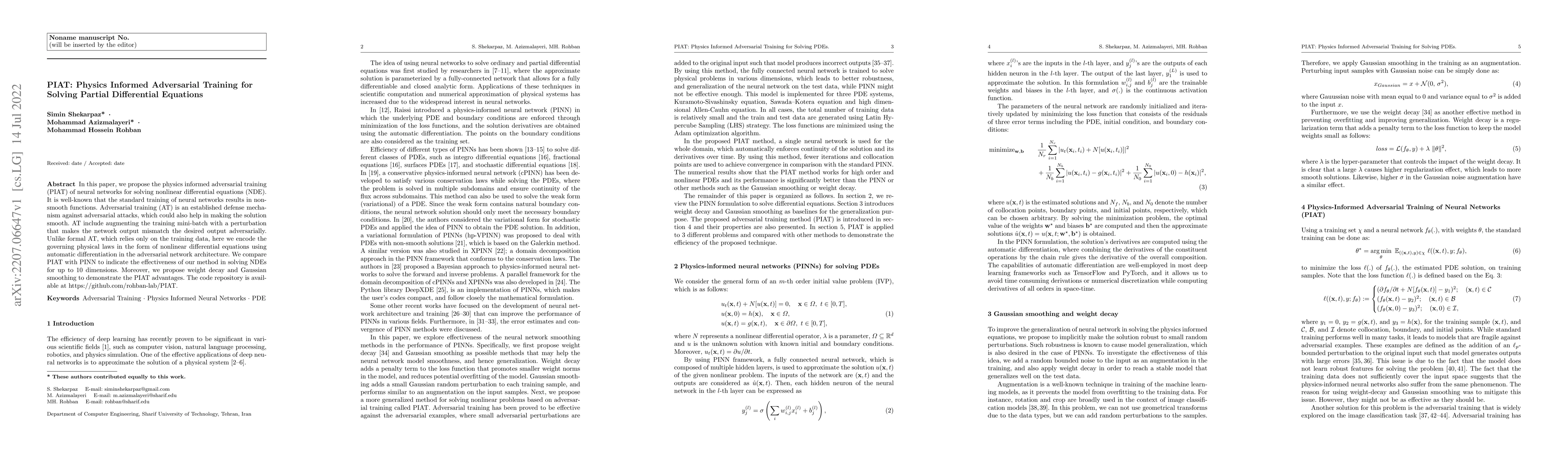Thumbnail for PIAT: Physics Informed Adversarial Training for Solving Partial
  Differential Equations