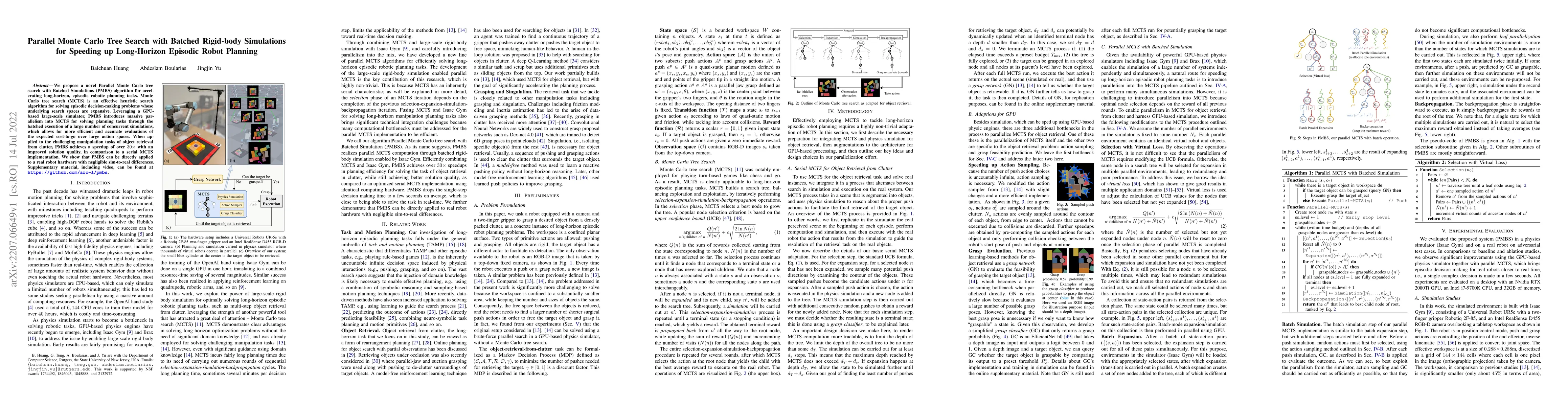 Thumbnail for Parallel Monte Carlo Tree Search with Batched Rigid-body Simulations for
  Speeding up Long-Horizon Episodic Robot Planning
