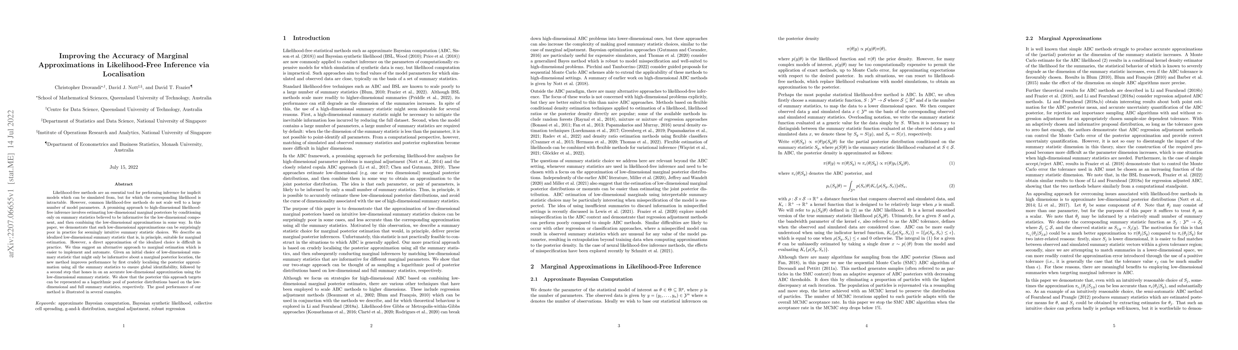 Thumbnail for Improving the Accuracy of Marginal Approximations in Likelihood-Free
  Inference via Localisation