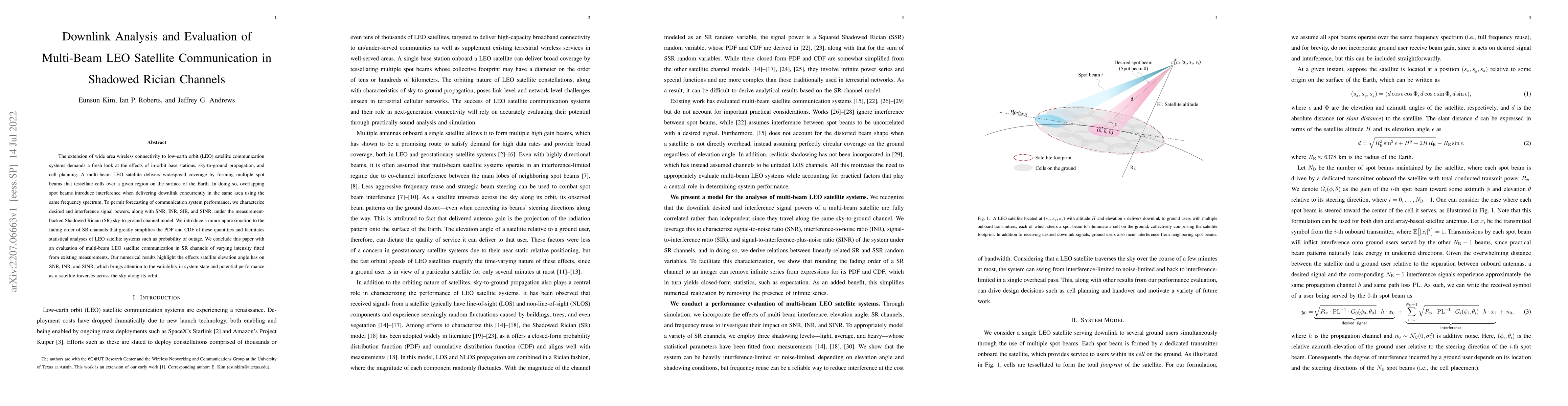 Thumbnail for Downlink Analysis and Evaluation of Multi-Beam LEO Satellite
  Communication in Shadowed Rician Channels