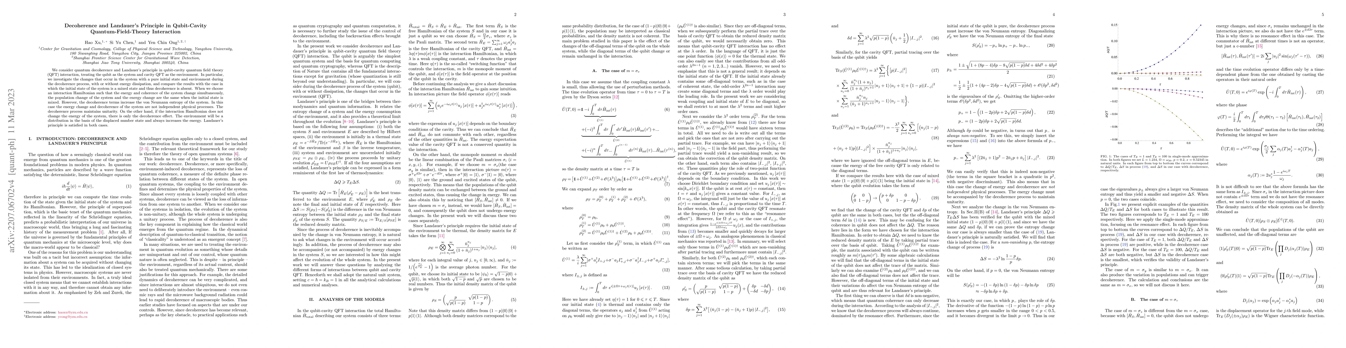 Thumbnail for Decoherence and Landauer's Principle in Qubit-Cavity
  Quantum-Field-Theory Interaction