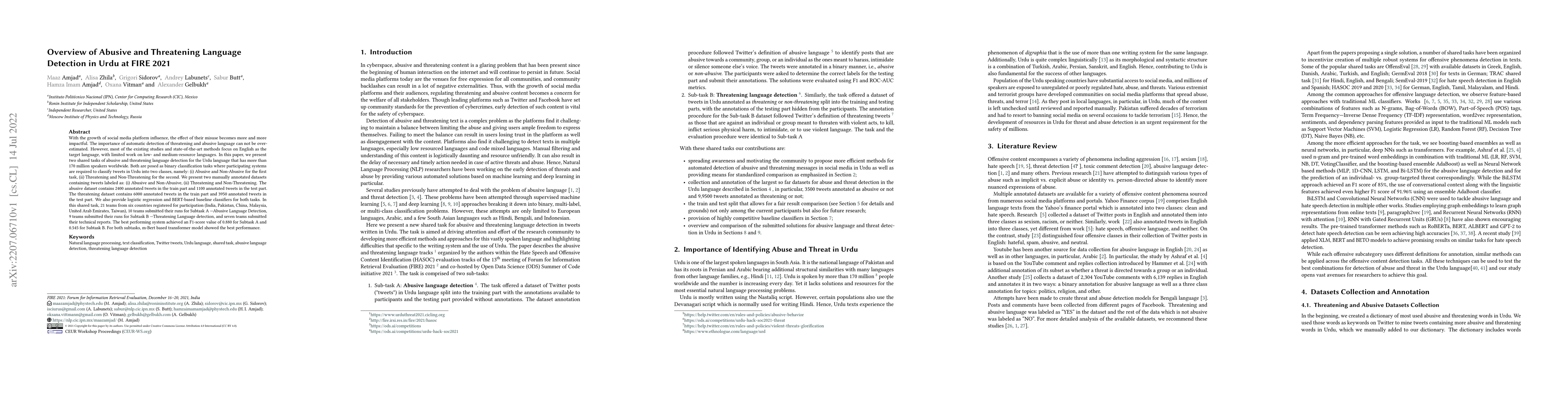 Thumbnail for Overview of Abusive and Threatening Language Detection in Urdu at FIRE
  2021