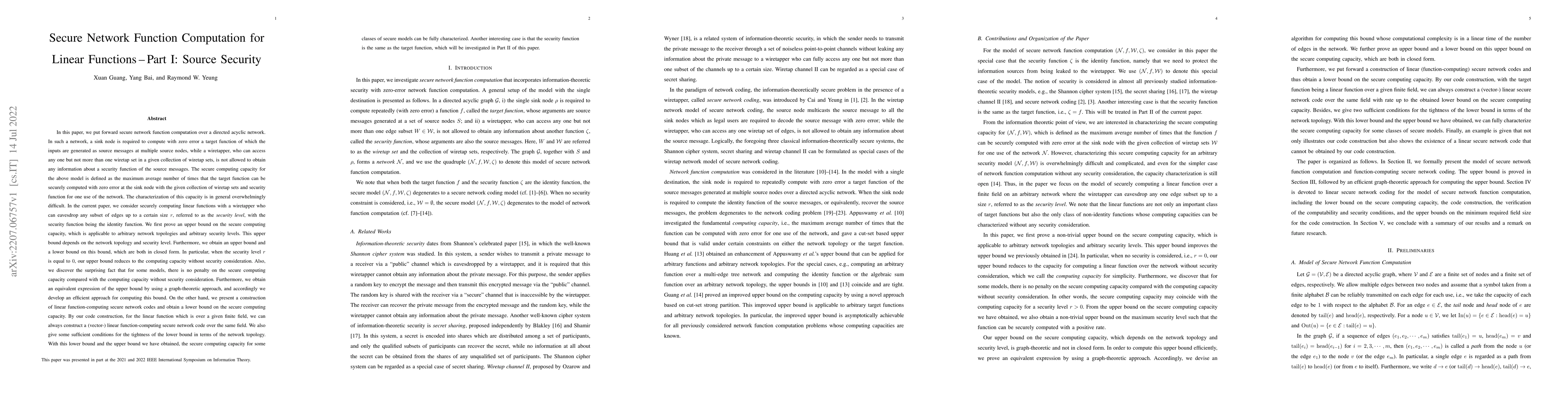 Thumbnail for Secure Network Function Computation for Linear Functions -- Part I:
  Source Security