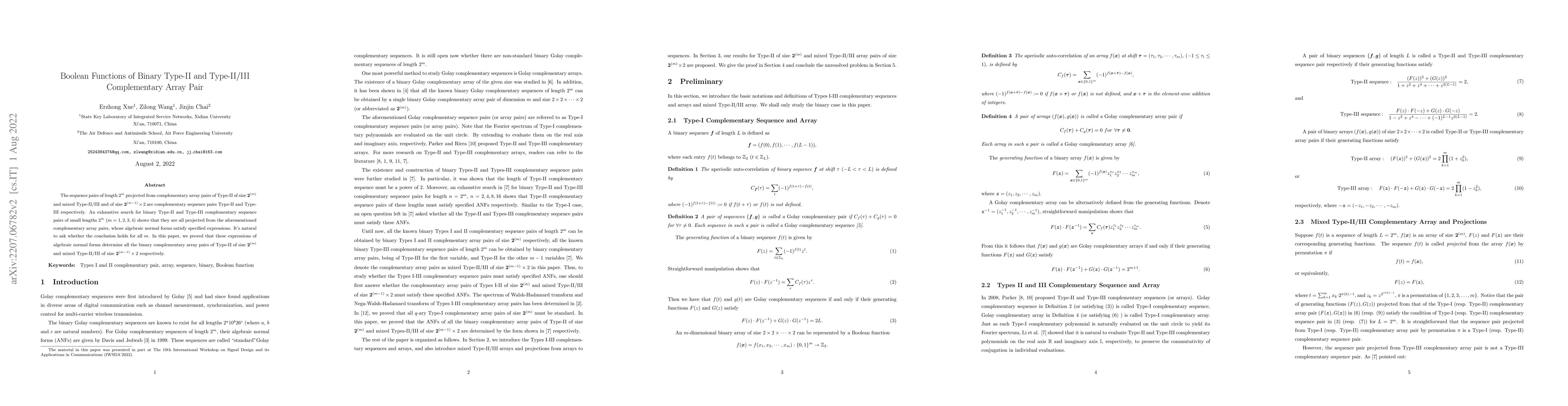 Thumbnail for Boolean Functions of Binary Type-II and Type-II/III Complementary Array
  Pair