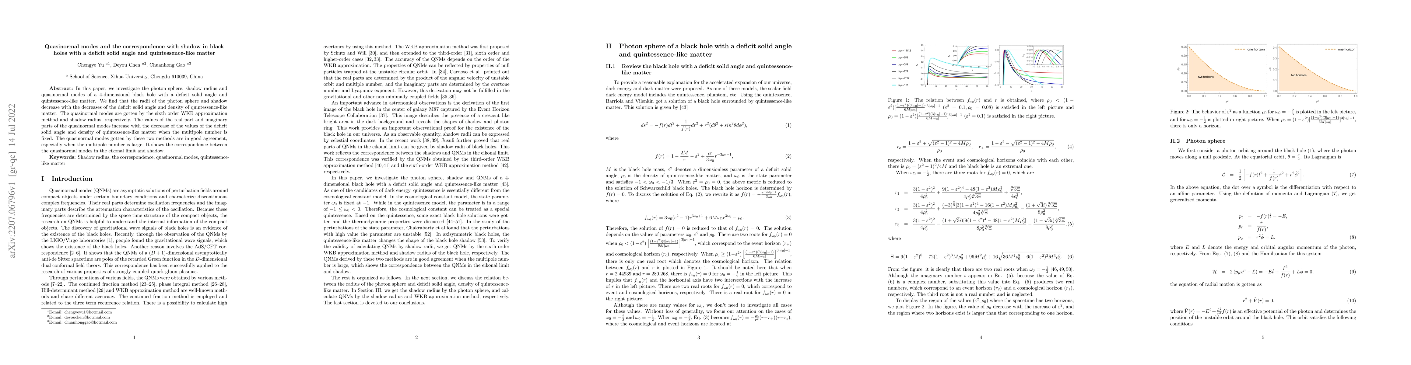 Thumbnail for Quasinormal modes and the correspondence with shadow in black holes with
  a deficit solid angle and quintessence-like matter