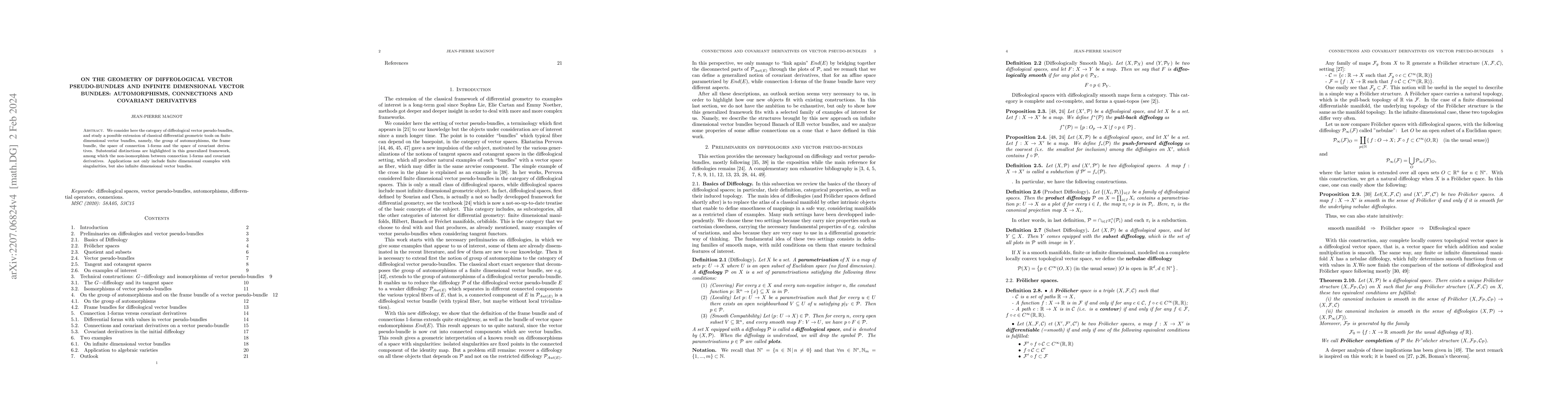 Thumbnail for On the geometry of diffeological vector pseudo-bundles and infinite
  dimensional vector bundles: automorphisms, connections and covariant
  derivatives