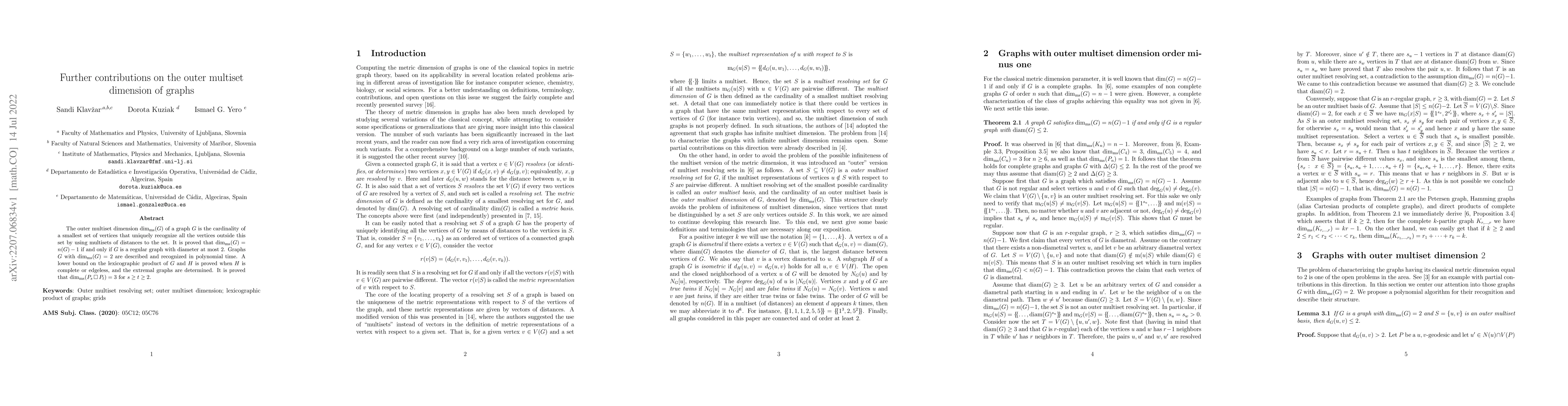 Thumbnail for Further contributions on the outer multiset dimension of graphs