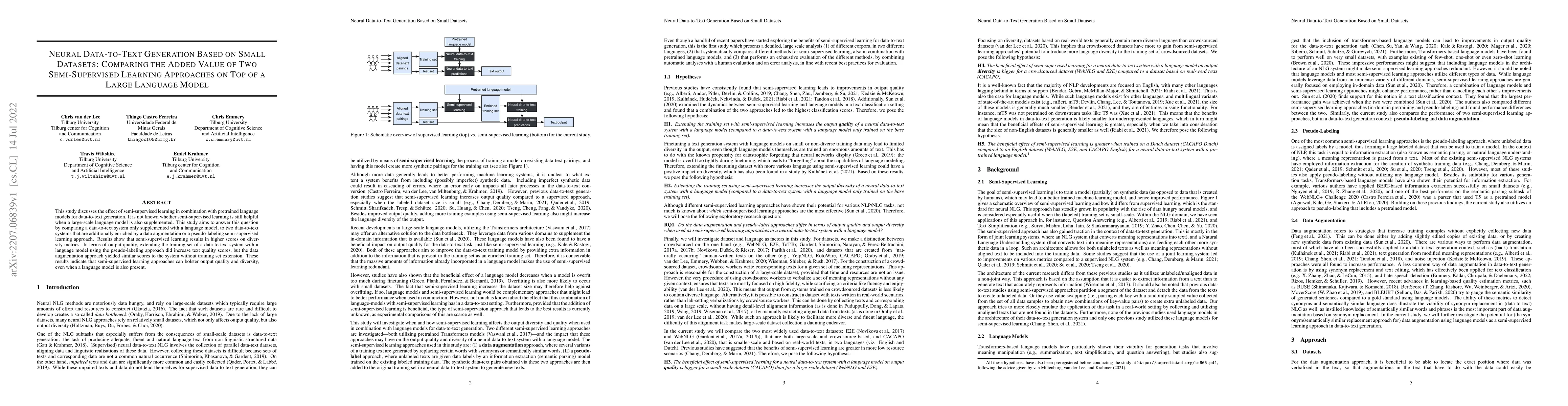 Thumbnail for Neural Data-to-Text Generation Based on Small Datasets: Comparing the
  Added Value of Two Semi-Supervised Learning Approaches on Top of a Large
  Language Model
