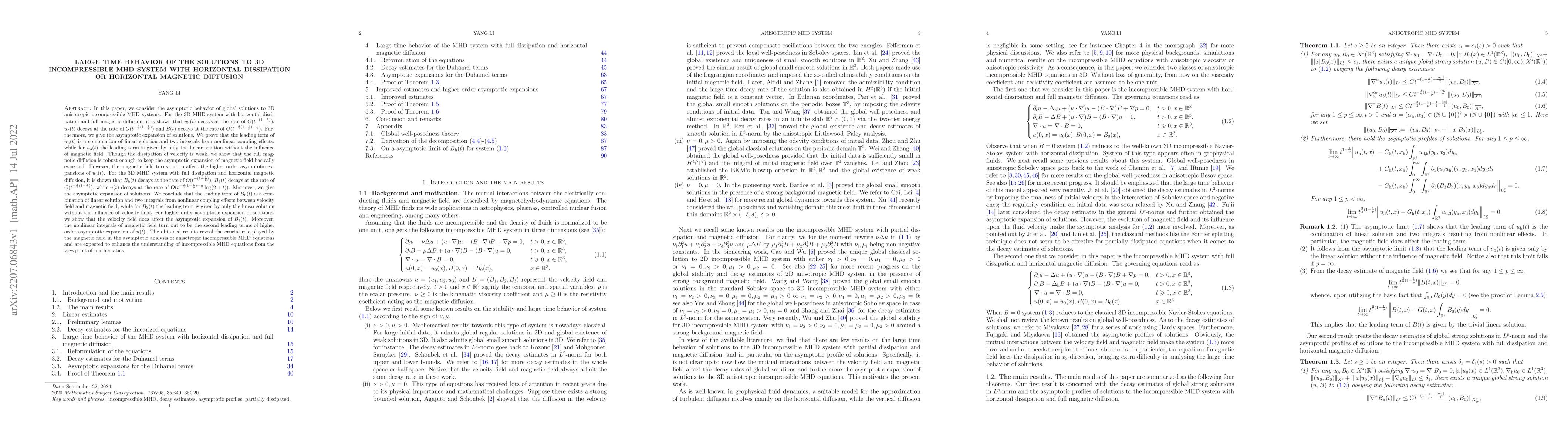 Thumbnail for Large time behavior of the solutions to 3D incompressible MHD system
  with horizontal dissipation or horizontal magnetic diffusion