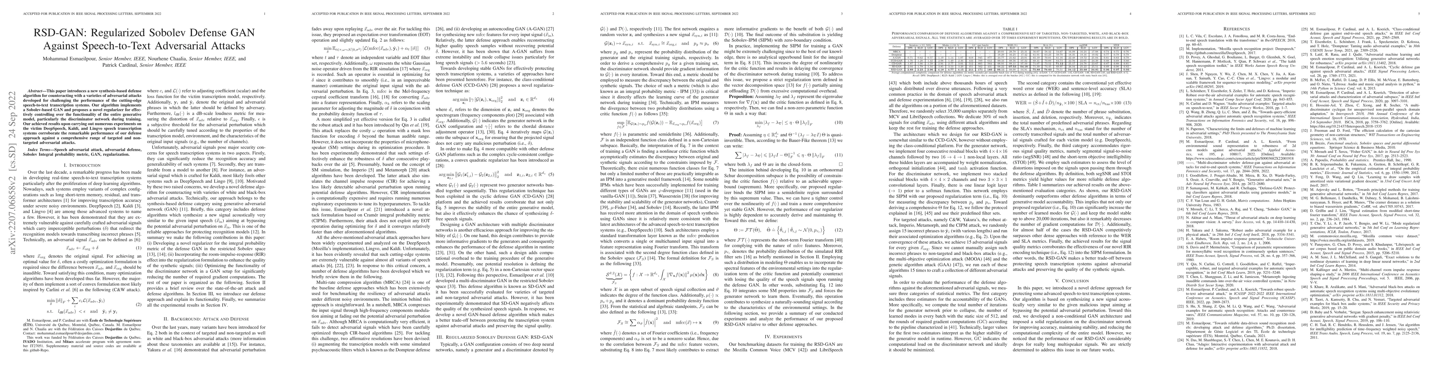 Thumbnail for RSD-GAN: Regularized Sobolev Defense GAN Against Speech-to-Text
  Adversarial Attacks