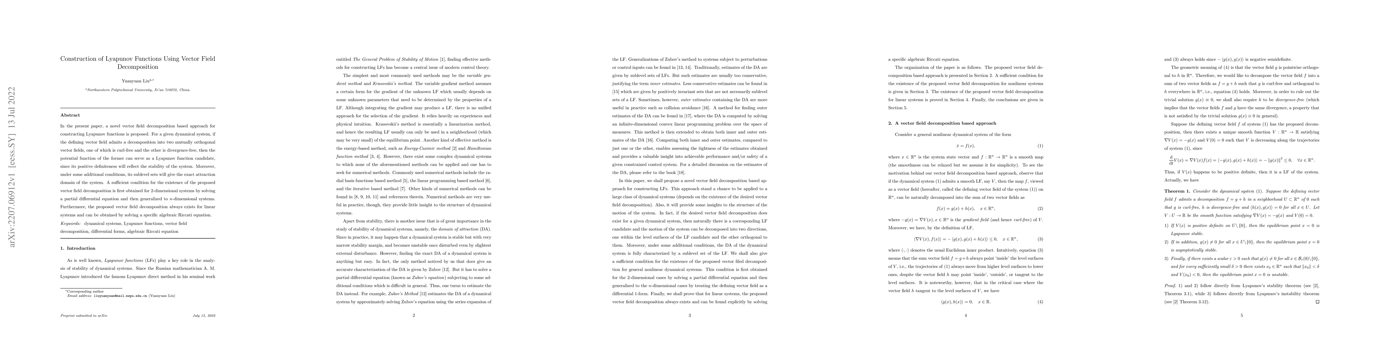 Thumbnail for Construction of Lyapunov Functions Using Vector Field Decomposition