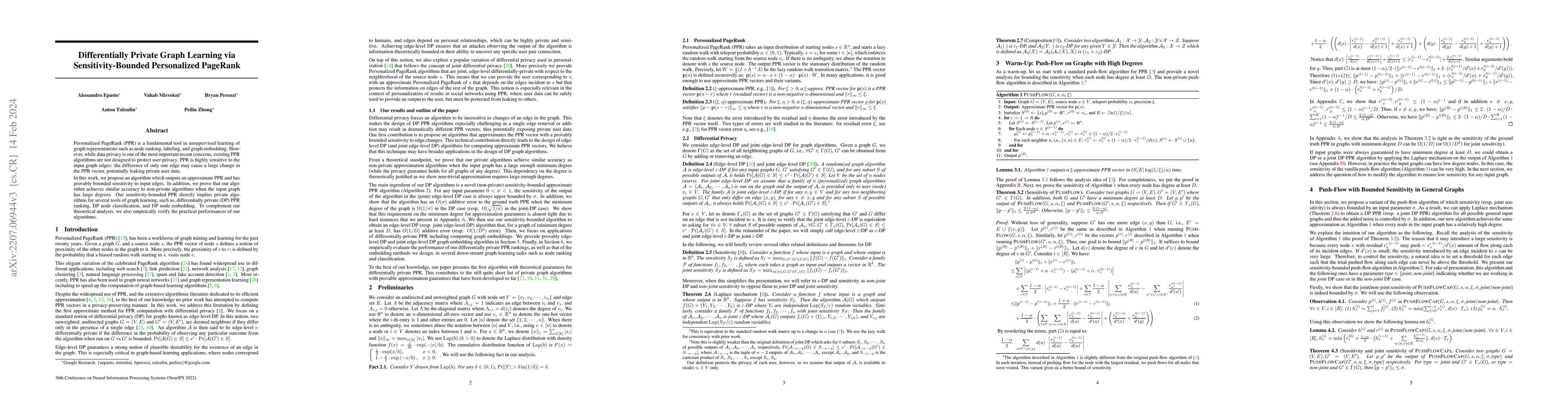 Thumbnail for Differentially Private Graph Learning via Sensitivity-Bounded
  Personalized PageRank