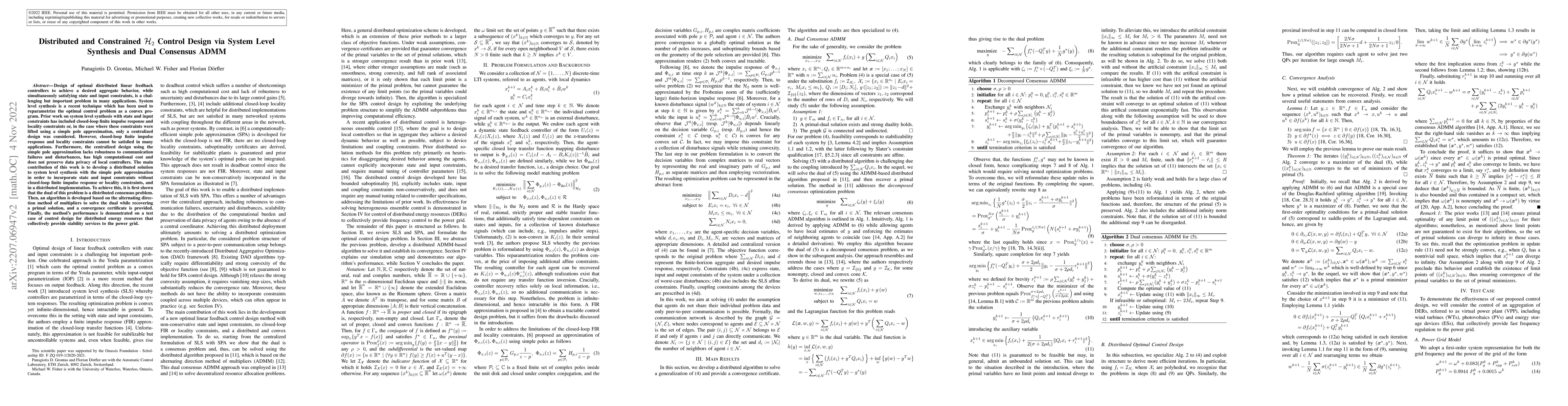Thumbnail for Distributed and Constrained $ \mathcal{H}_2 $ Control Design via System
  Level Synthesis and Dual Consensus ADMM
