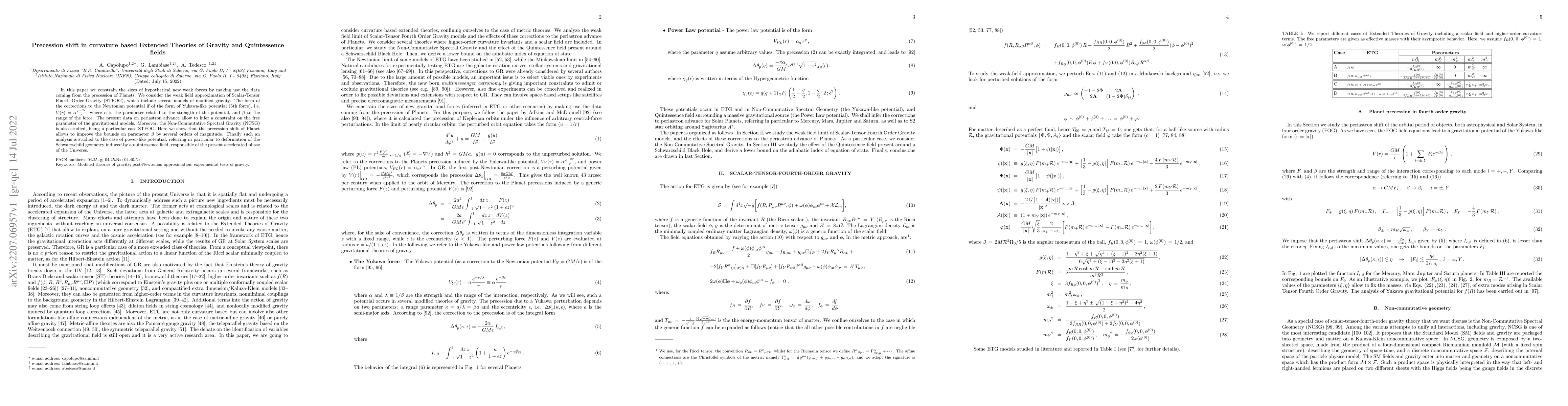 Thumbnail for Precession shift in curvature based Extended Theories of Gravity and
  Quintessence fields