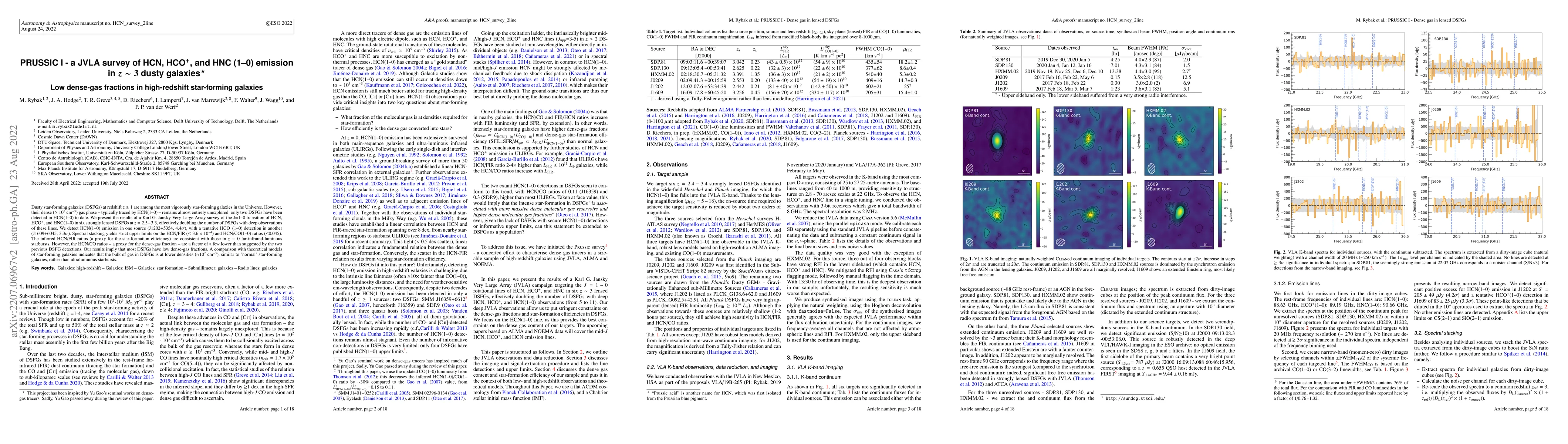 Thumbnail for PRUSSIC I - a JVLA survey of HCN/HCO+/HNC (1-0) emission in z$\sim$3
  dusty galaxies: Low dense-gas fractions in high-redshift star-forming
  galaxies