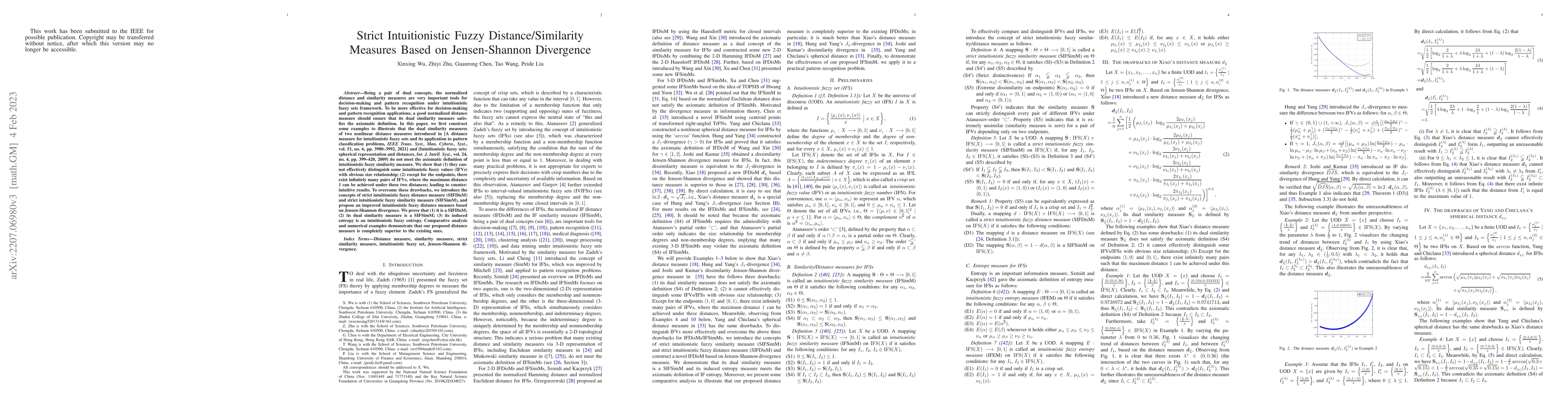 Thumbnail for Strict Intuitionistic Fuzzy Distance/Similarity Measures Based on
  Jensen-Shannon Divergence