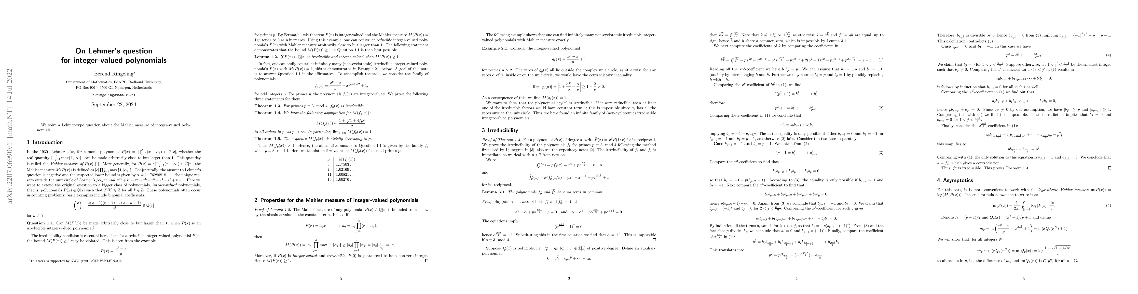 Thumbnail for On Lehmer's question for integer-valued polynomials
