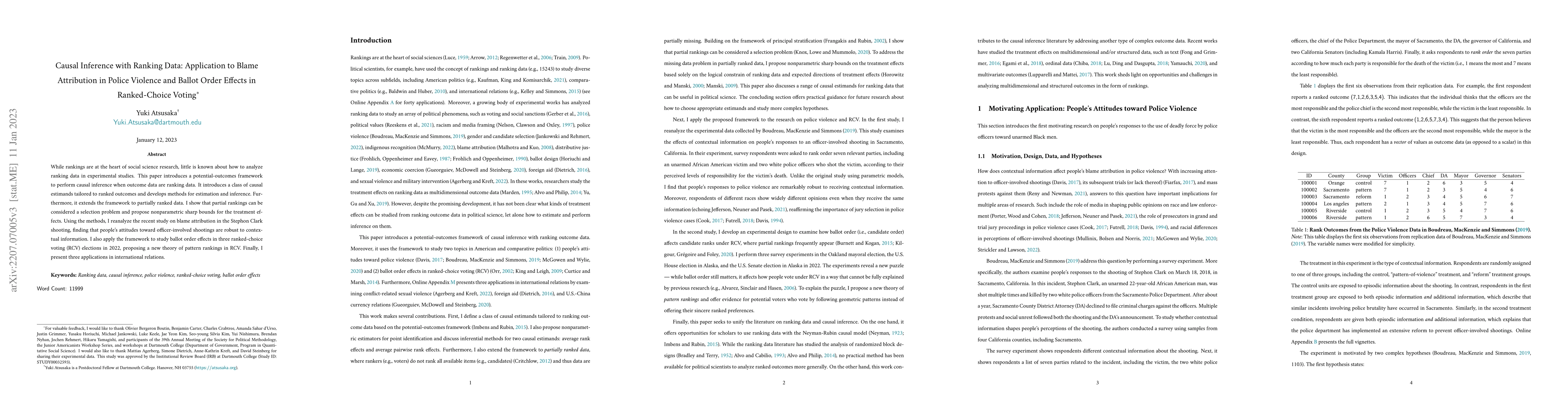 Thumbnail for Causal Inference with Ranking Data: Application to Blame Attribution in
  Police Violence and Ballot Order Effects in Ranked-Choice Voting