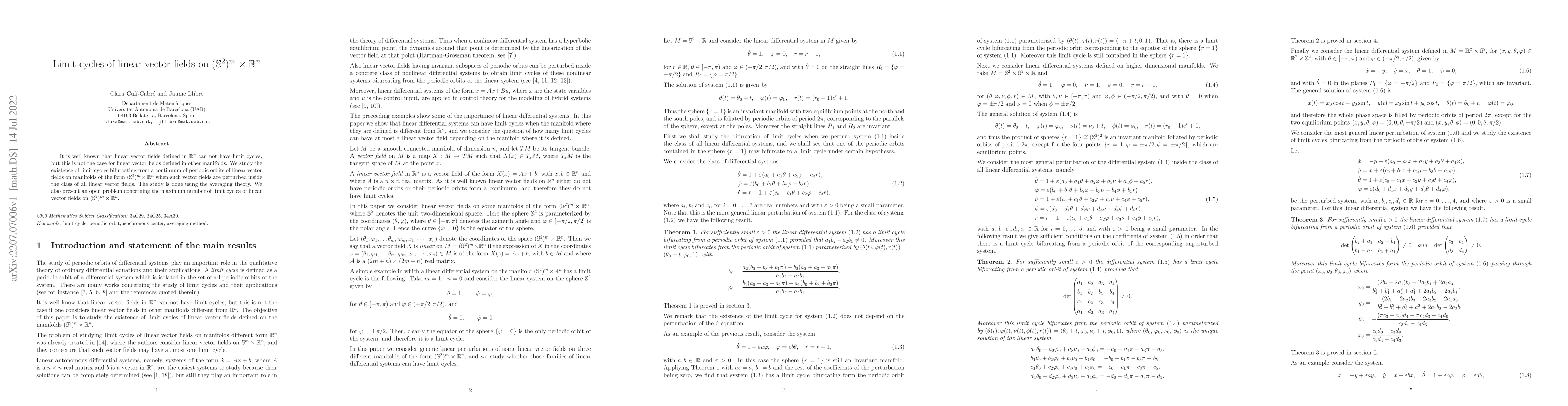 Thumbnail for Limit cycles of linear vector fields on $(\mathbb{S}^2)^m \times
  \mathbb{R}^n$