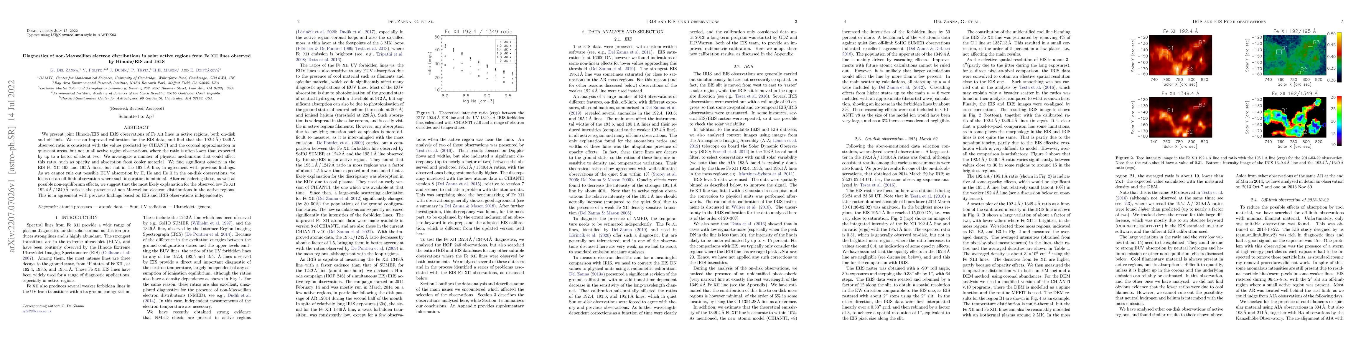 Thumbnail for Diagnostics of non-Maxwellian electron distributions in solar active
  regions from Fe XII lines observed by Hinode/EIS and IRIS