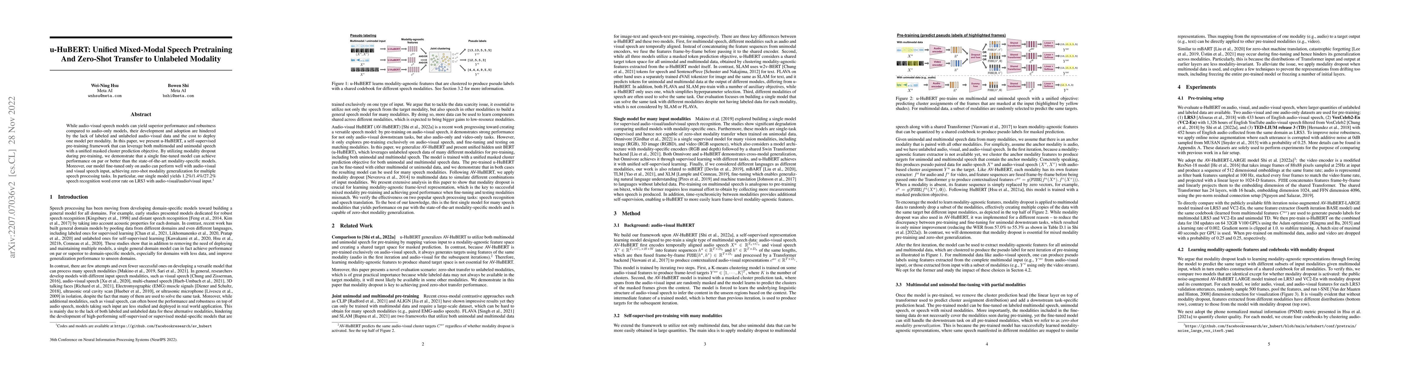Thumbnail for u-HuBERT: Unified Mixed-Modal Speech Pretraining And Zero-Shot Transfer
  to Unlabeled Modality