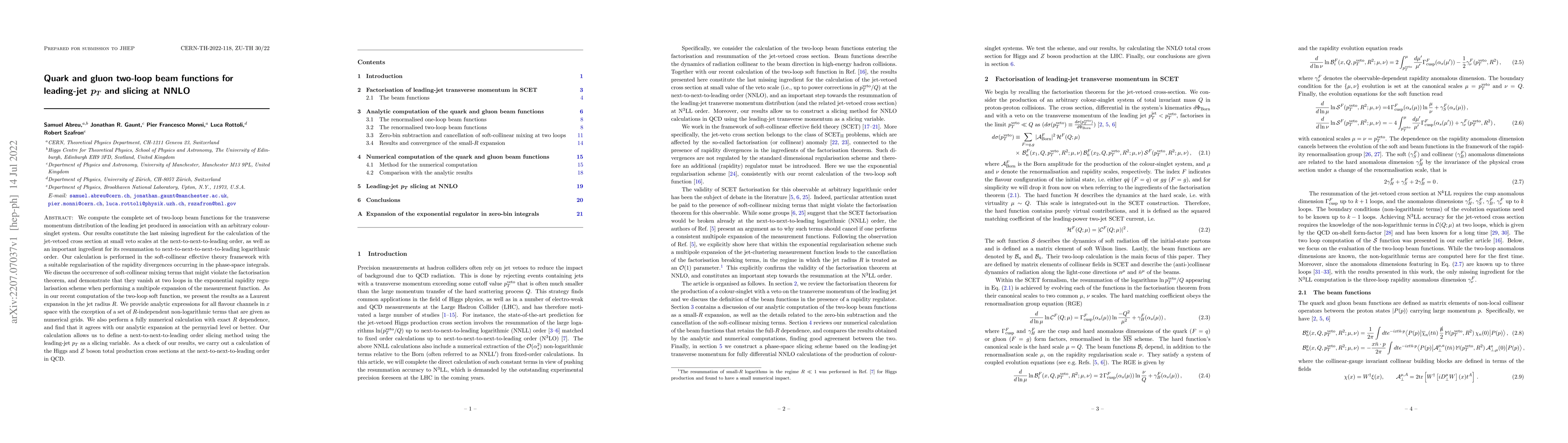 Thumbnail for Quark and gluon two-loop beam functions for leading-jet $p_T$ and
  slicing at NNLO