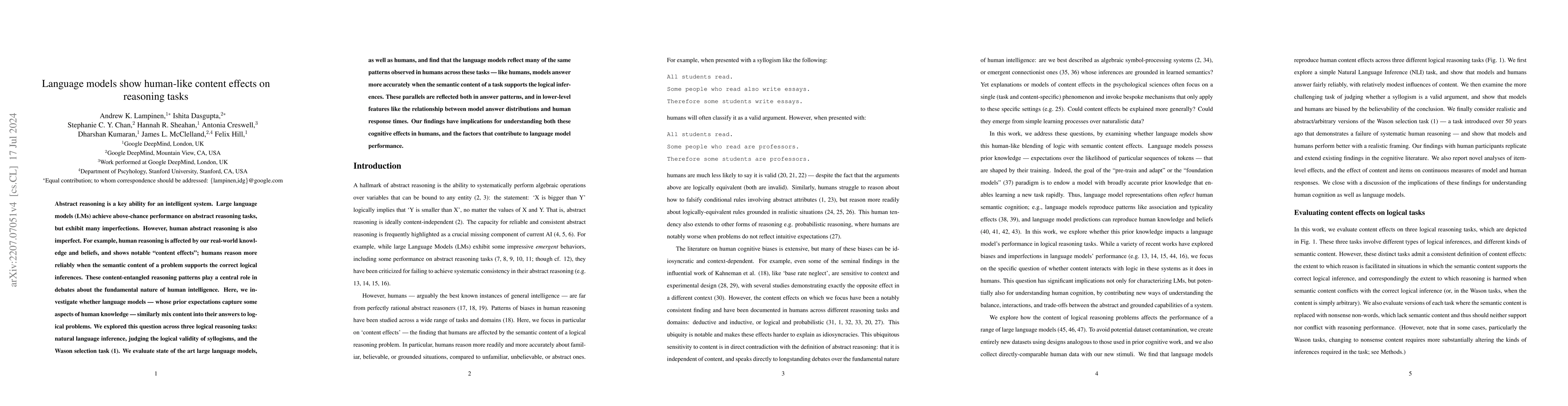 Thumbnail for Language models show human-like content effects on reasoning tasks