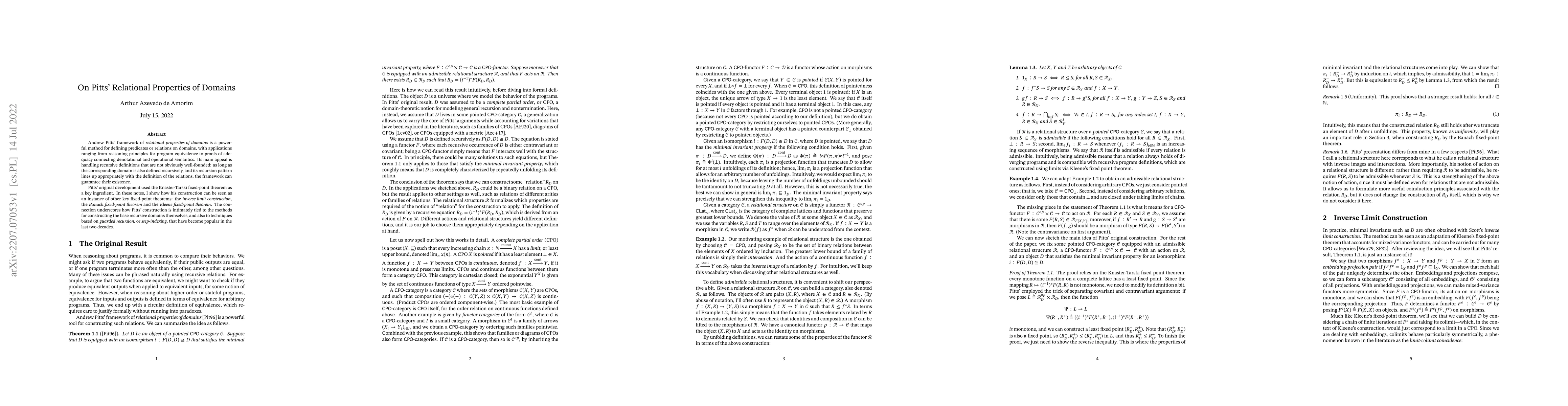 Thumbnail for On Pitts' Relational Properties of Domains