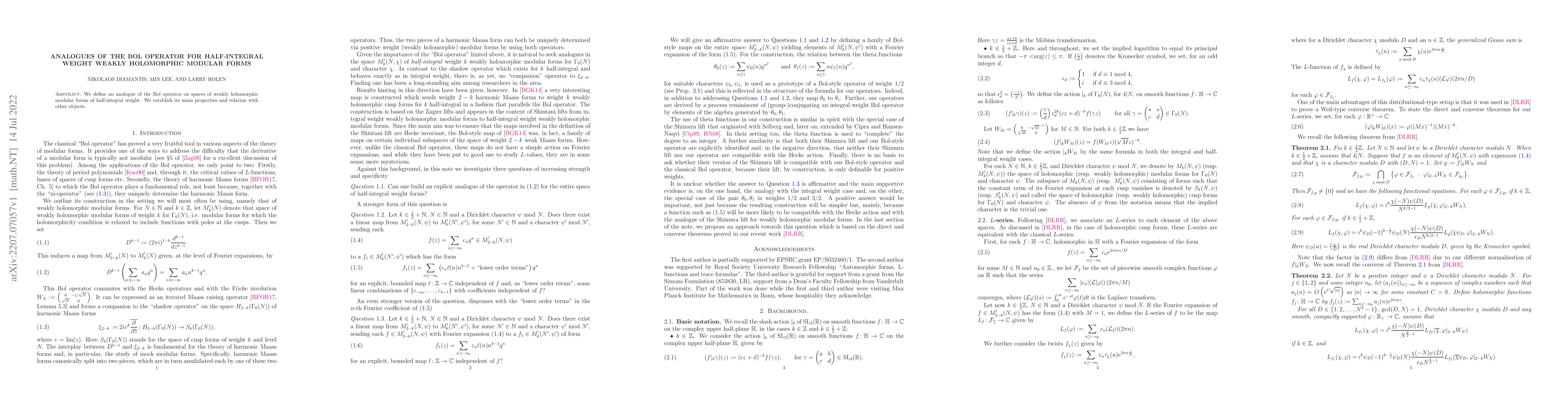 Thumbnail for Analogues of the Bol operator for half-integral weight weakly
  holomorphic modular forms