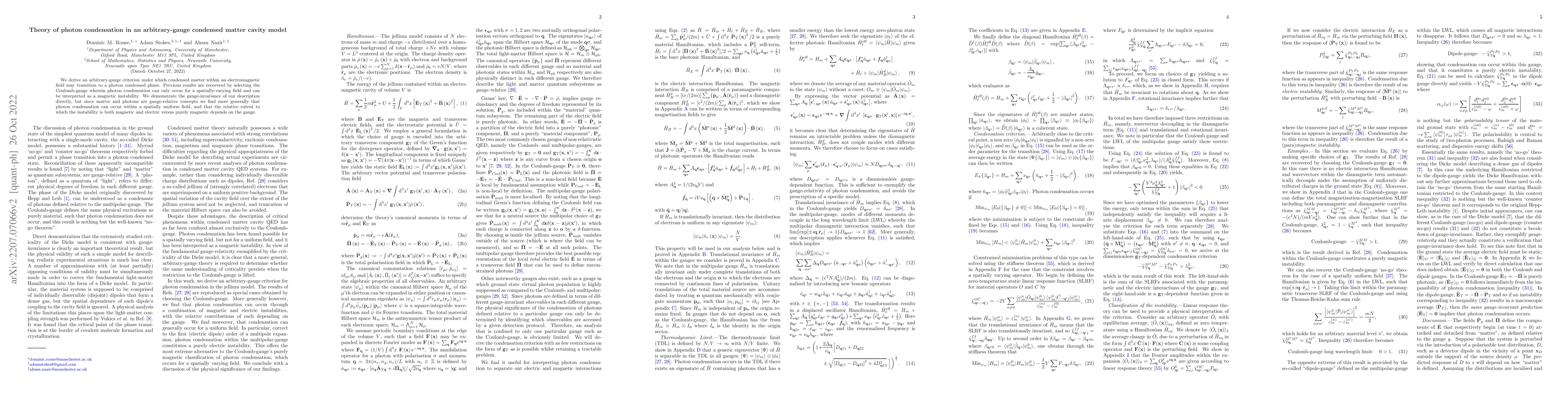 Thumbnail for Theory of photon condensation in an arbitrary gauge condensed matter
  cavity model