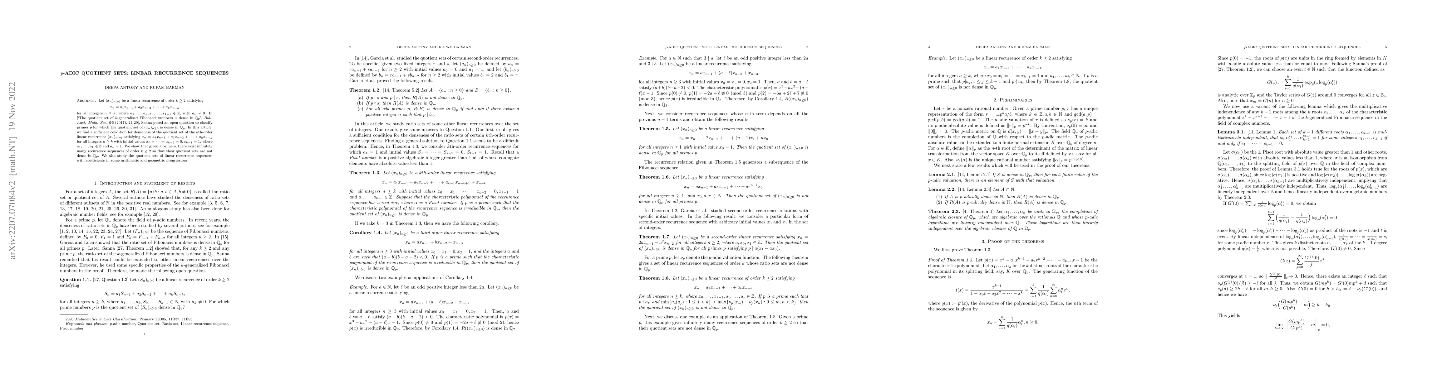 Thumbnail for $p$-Adic quotient sets: linear recurrence sequences
