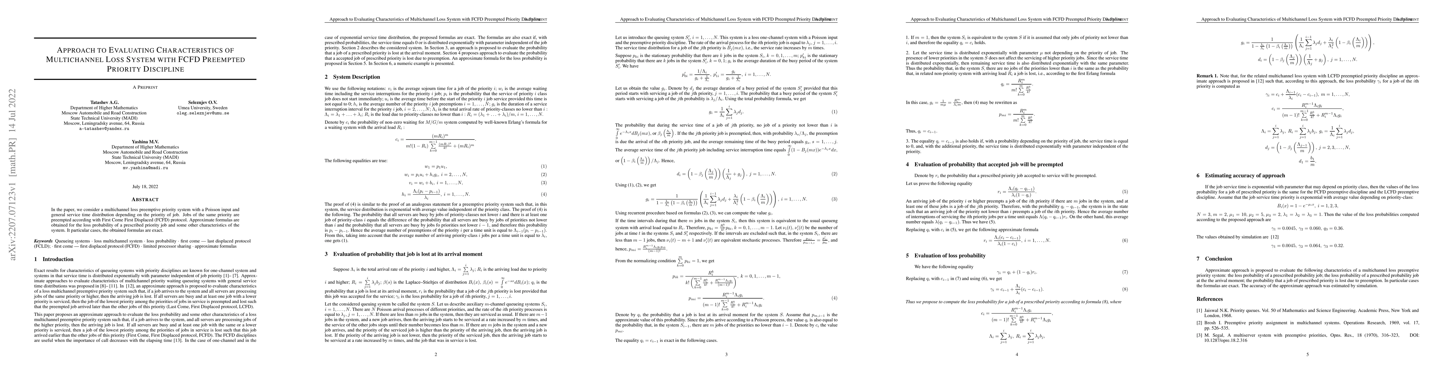 Thumbnail for Approach to Evaluating Characteristics of Multichannel Loss System with
  FCFD Preempted Priority Discipline