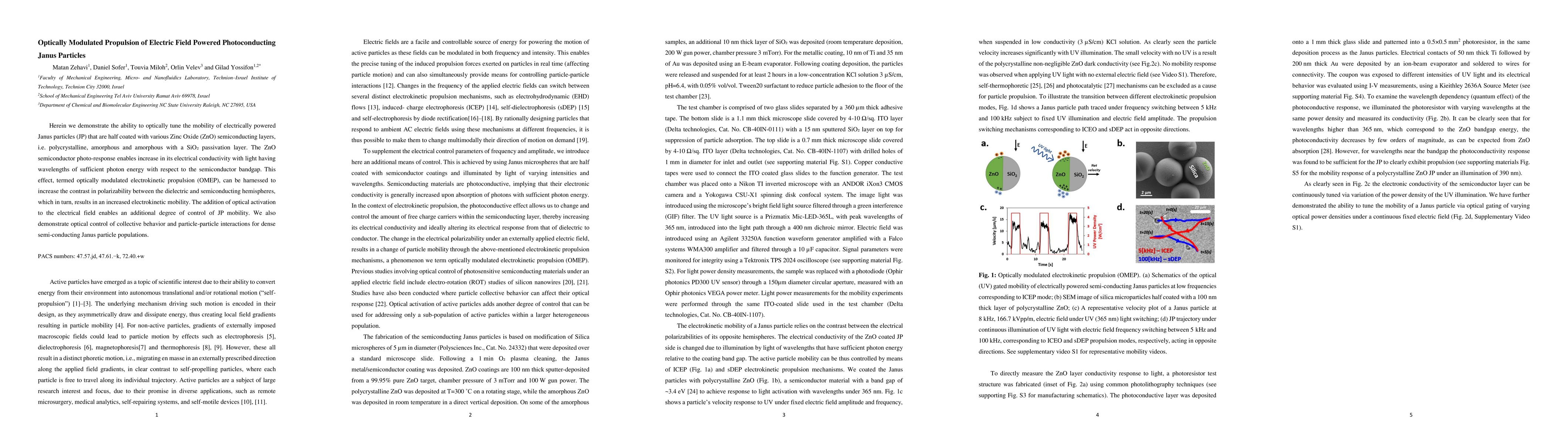 Thumbnail for Optically Modulated Propulsion of Electric Field Powered Photoconducting
  Janus Particles